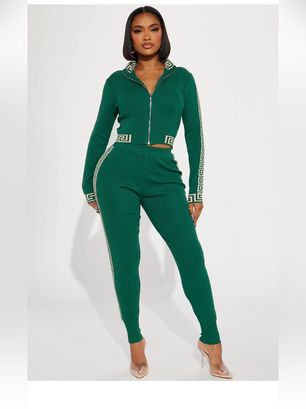 Fashion Nova Green Knit Track Joggers set with Cream Greek Key Trim🐸